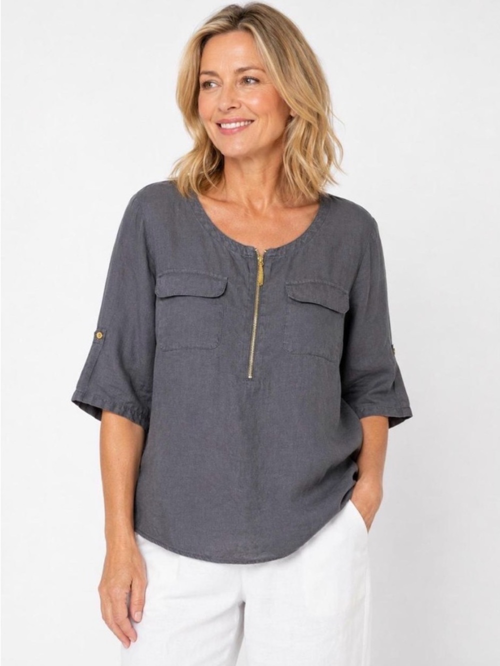 Ellen Tracy Size M 100% Linen Grey Popover Tunic Blouse